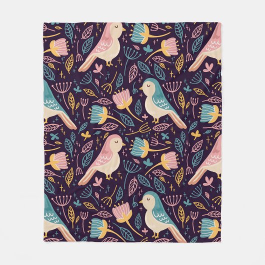 Blauwe en roze vogels met bloemen en bladeren op d fleece deken (Voorkant)