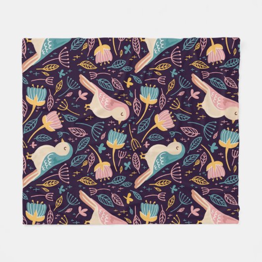 Blauwe en roze vogels met bloemen en bladeren op d fleece deken (Voorkant (Horizontaal))