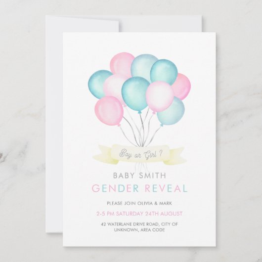 Blauwe en roze waterverf ballonnen kaart (Voorkant)