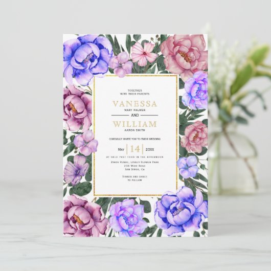 Blauwe en roze waterverf bloemen lentebruiloft kaart (Staand voorkant)