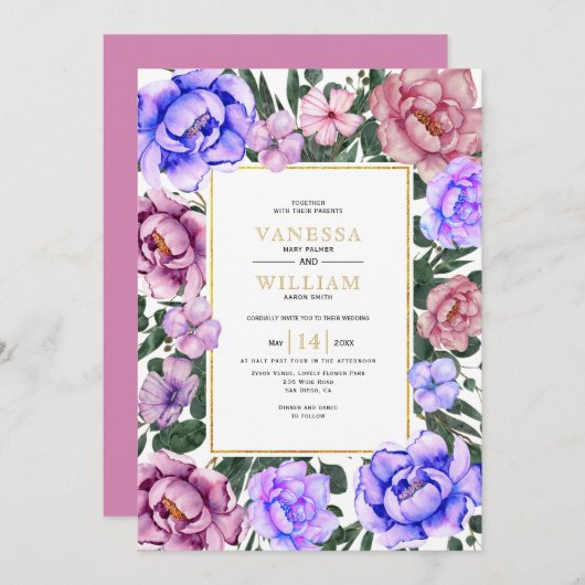 Blauwe en roze waterverf bloemen lentebruiloft kaart (Voorkant / Achterkant)