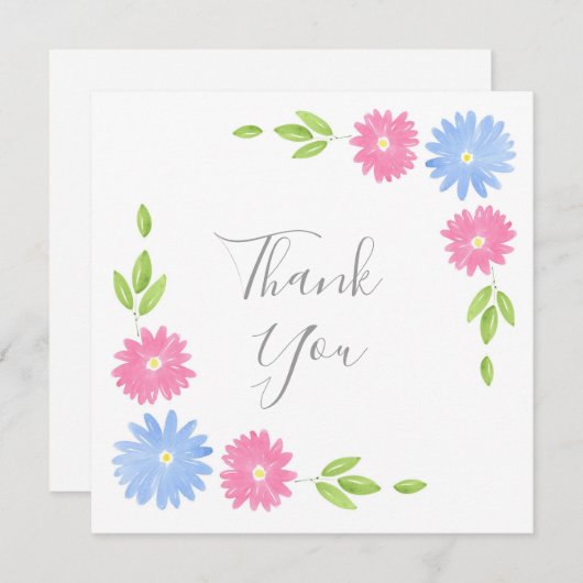 Blauwe en roze Waterverf Daisies Bedankkaart (Voorkant / Achterkant)