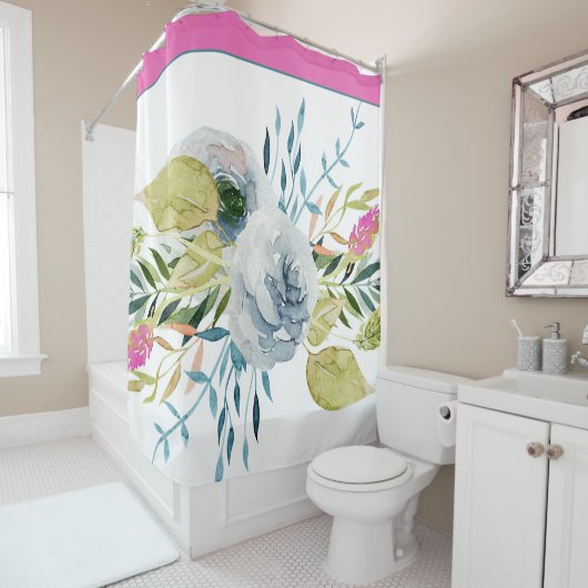 Blauwe en roze waterverf douchegordijn (In situ)