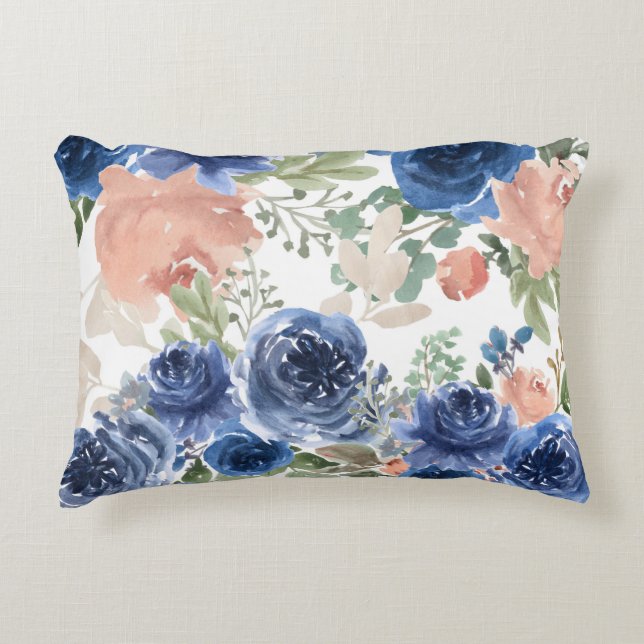 Blauwe en roze Waterverf Floral Accent Pil Accent Kussen (Voorkant)