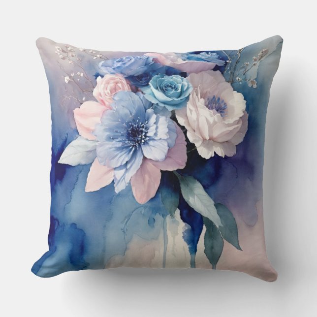 Blauwe en roze Waterverf Kussen (Voorkant)