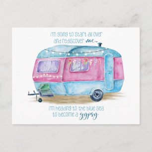 Blauwe en roze Waterverf Retro  glamper Briefkaart