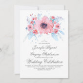 Blauwe en Roze Waterverven Bloemen Huwelijk Kaart (Voorkant)