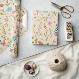 Blauwe en Roze Wilde Bloemen Delicate Weide Kunst Cadeaupapier