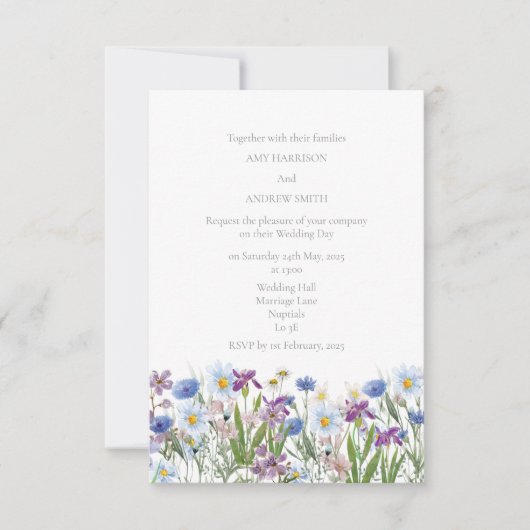 Blauwe en Roze Wildflower Uitnodiging (Voorkant)
