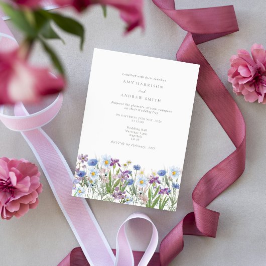 Blauwe en Roze Wildflower Uitnodiging