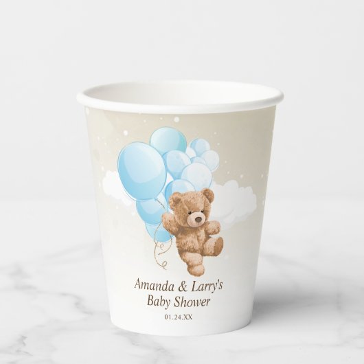 Blauwe en Tan Teddy Bear met ballonnen Papieren Bekers (Voorkant)