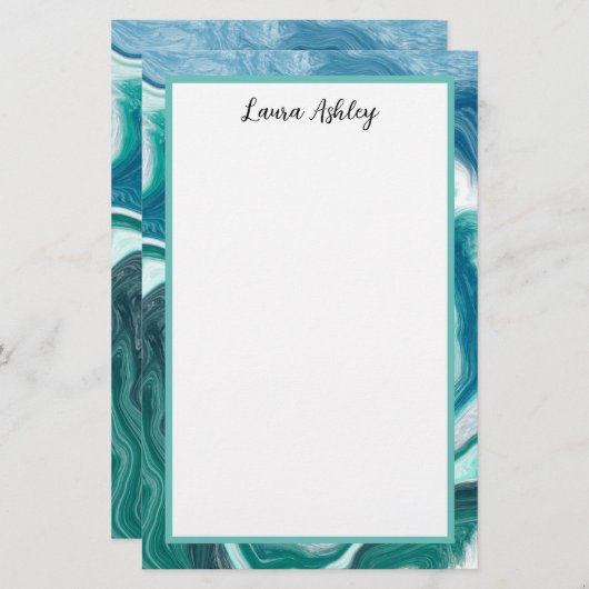 Blauwe en Turqio Fluid Art, gepersonaliseerde arti Briefpapier (Voorkant / Achterkant)