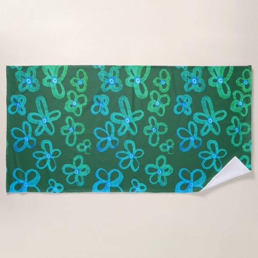 Blauwe en turquoise bloemen badhanddoek (Voorkant)