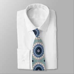 Blauwe en Turquoise Mandala met Geometrische Symme Stropdas