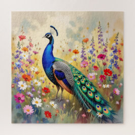Blauwe en turquoise pauw in bloemen legpuzzel
