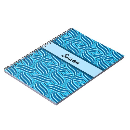 Blauwe en Turquoise Ribbony Swirls met naam Notitieboek (Linkerzijde)