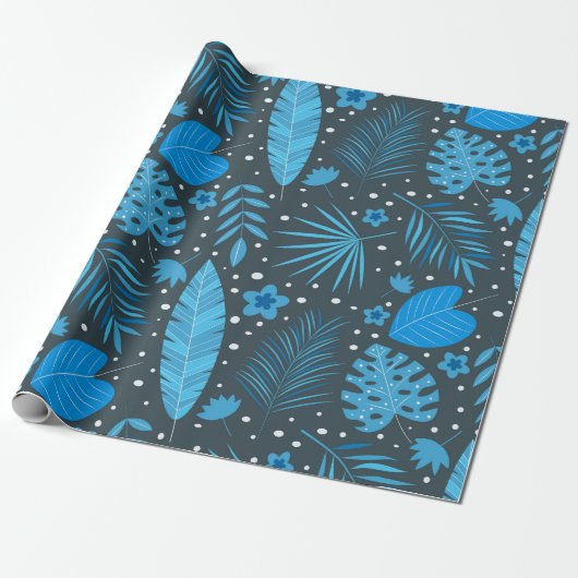 Blauwe en turquoise tropische palmmonsterbladeren cadeaupapier (Uitgerold)