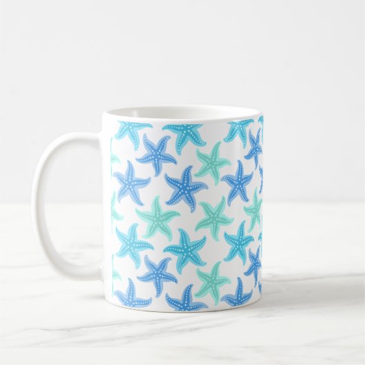 Blauwe en turquoise zeesterren koffiemok (Links)
