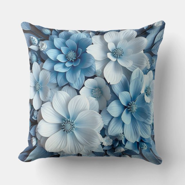 Blauwe en witte 3D-bloemen Kussen (Voorkant)