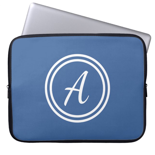 Blauwe en witte, aangepaste monogram laptophoes laptop sleeve (Voorkant)
