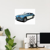 Blauwe en witte Austin Healey 3000-sportauto Poster (Thuiskantoor)