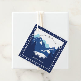 Blauwe en witte bergen en polka-stippen bruiloft bedankjes labels