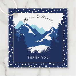 Blauwe en witte bergen en polka-stippen bruiloft bedankjes labels