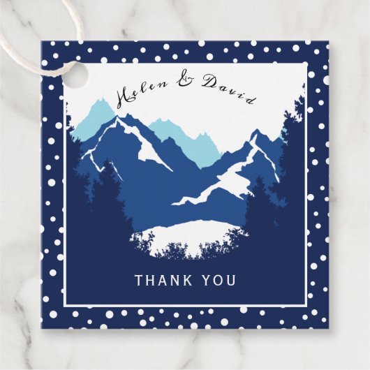 Blauwe en witte bergen en polka-stippen bruiloft bedankjes labels (Voorkant)
