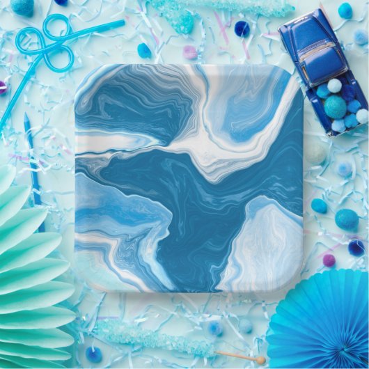 Blauwe en witte blauwe tekenmarmer papieren bordje (Feest)
