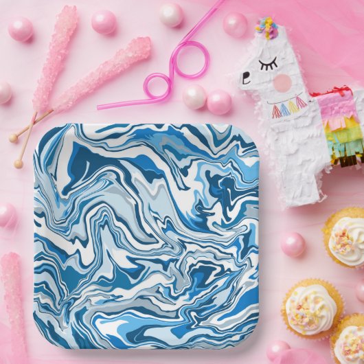 Blauwe en witte blauwe tekenmarmer papieren bordje (Feest)