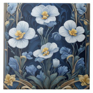 Blauwe en witte bloemen Art Deco Art Nouveau Flora Tegeltje