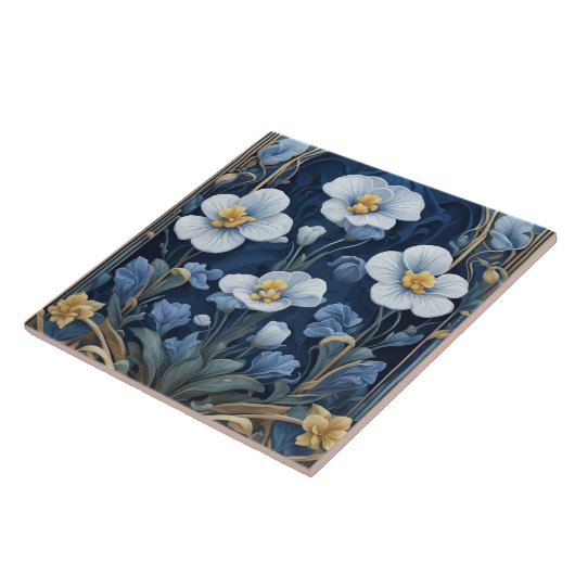 Blauwe en witte bloemen Art Deco Art Nouveau Flora Tegeltje (Zijkant)