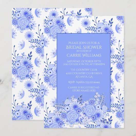 Blauwe en Witte Bloemen Bridal Shower Uitnodiging (Voorkant / Achterkant)