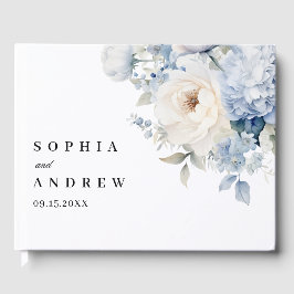 Blauwe en witte bloemen bruiloft gastenboek