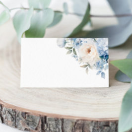 Blauwe en witte bloemen bruiloft plaatskaartje