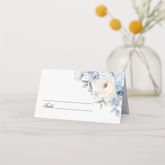 Blauwe en witte bloemen bruiloft plaatskaartje (Voorkant)