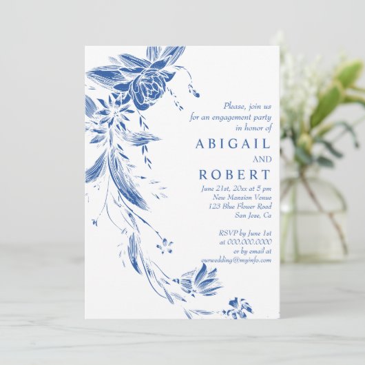 Blauwe en witte bloemen bruiloft verlovingsfeest kaart (Staand voorkant)