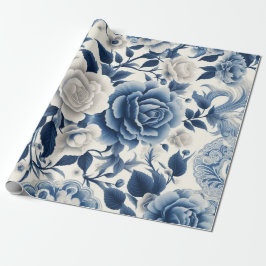 Blauwe en witte bloemen cadeaupapier