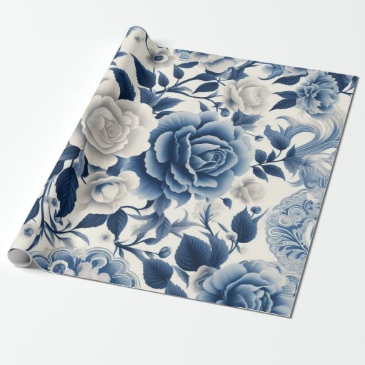 Blauwe en witte bloemen cadeaupapier (Uitgerold)