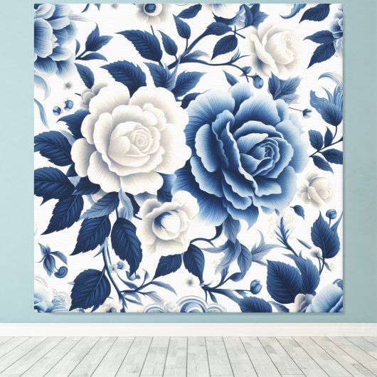 Blauwe en witte bloemen canvas afdruk (Insitu (Houten vloer))