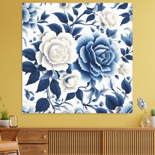 Blauwe en witte bloemen canvas afdruk (Insitu (Woonkamer))