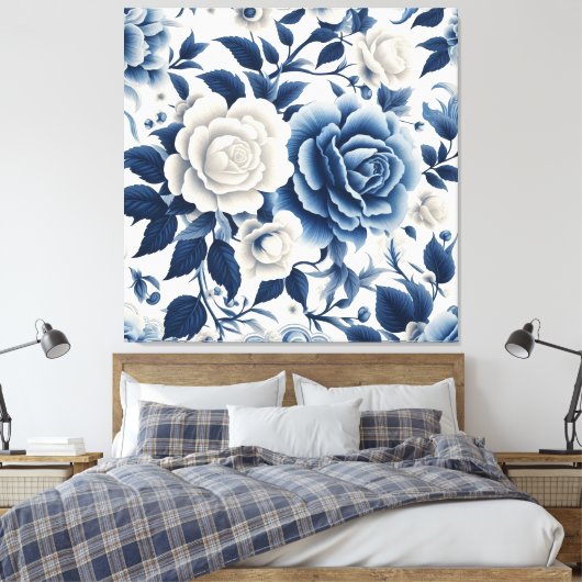 Blauwe en witte bloemen canvas afdruk (Insitu (Slaapkamer))