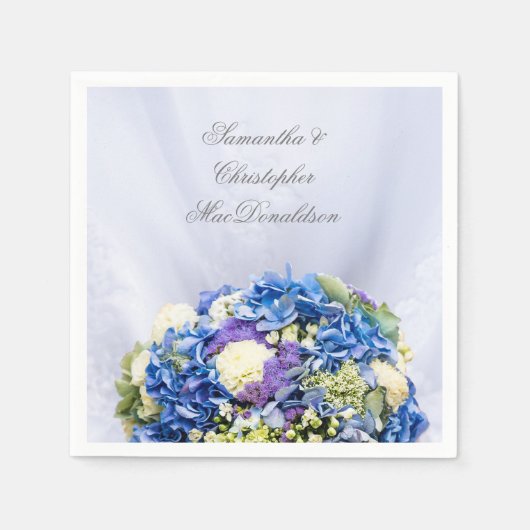 Blauwe en witte bloemen en trouwjurk servetten (Voorkant)
