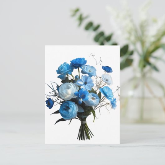 Blauwe en witte bloemen feestdagenkaart (Staand voorkant)