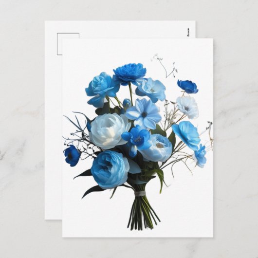 Blauwe en witte bloemen feestdagenkaart (Voorkant / Achterkant)