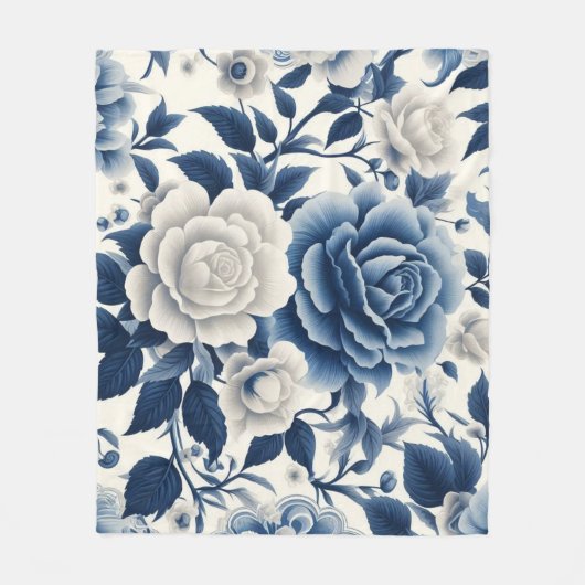 Blauwe en witte bloemen fleece deken (Voorkant)