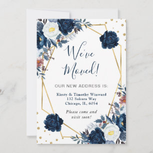 Blauwe en Witte Bloemen Frame We Zijn Verhuisd Aankondiging
