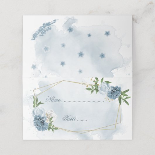 blauwe en witte bloemen groene bladeren geometrisc plaatskaartje (Buitenkant ongevouwen)