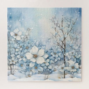 Blauwe en witte bloemen in de winter legpuzzel