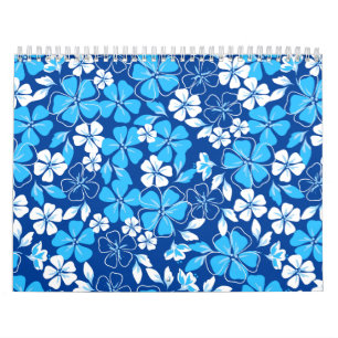 Blauwe en witte bloemen kalender